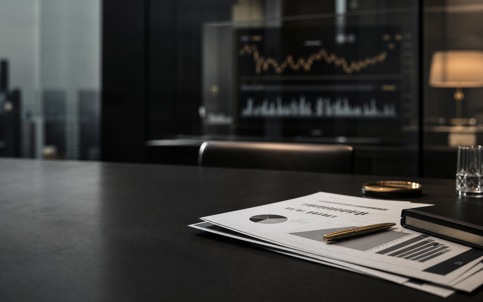 Mesa executiva com documentos financeiros, caneta dourada e painel de indicadores ao fundo.